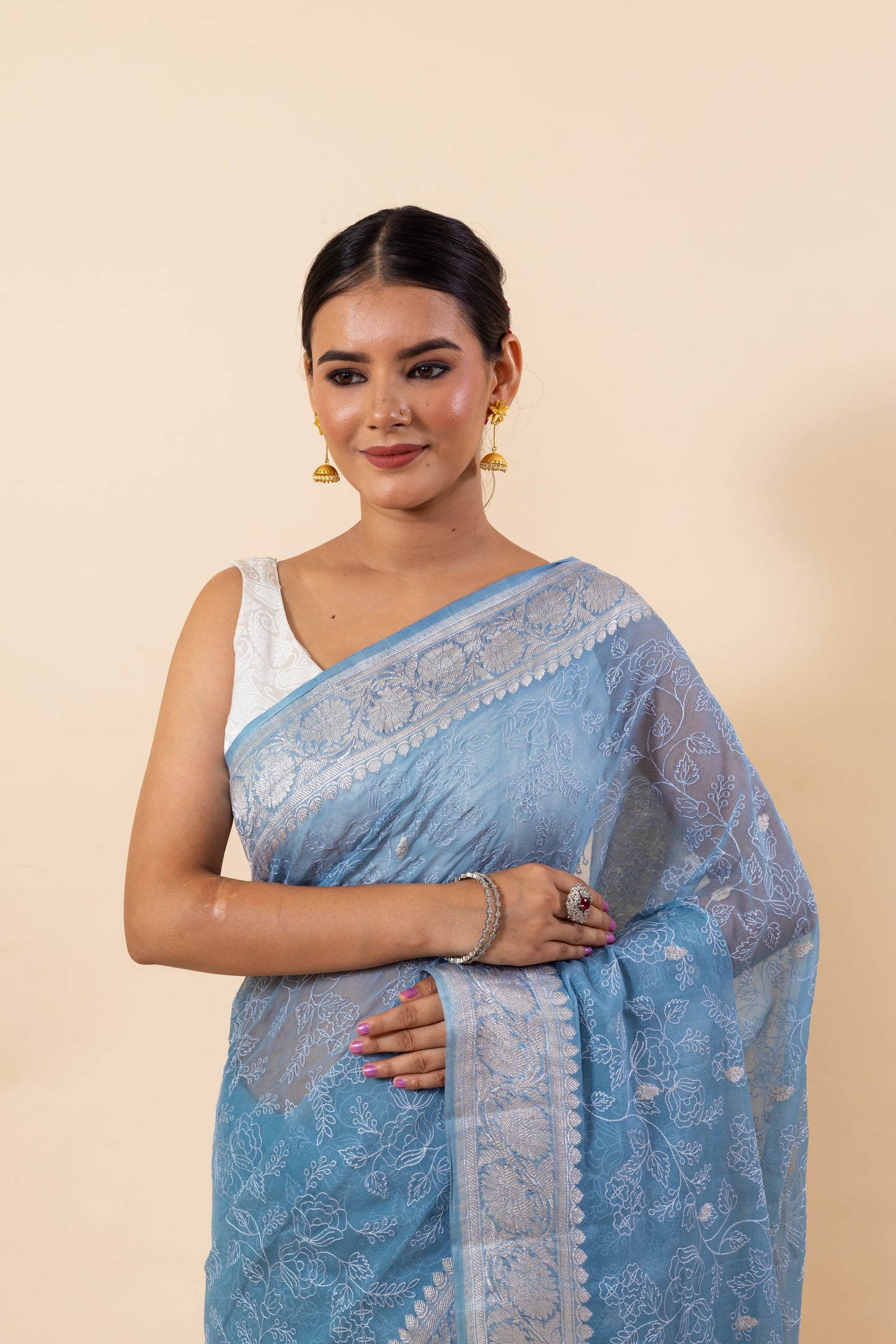 Bluish Grey Chiffon Saree