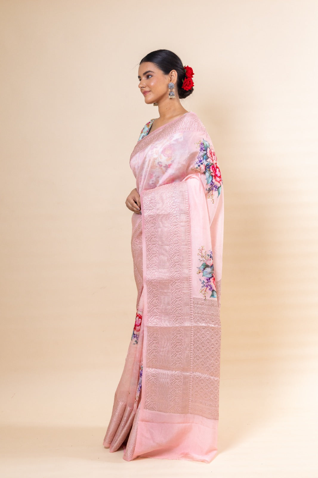 Pink Purna Silk Floral Printed Saree