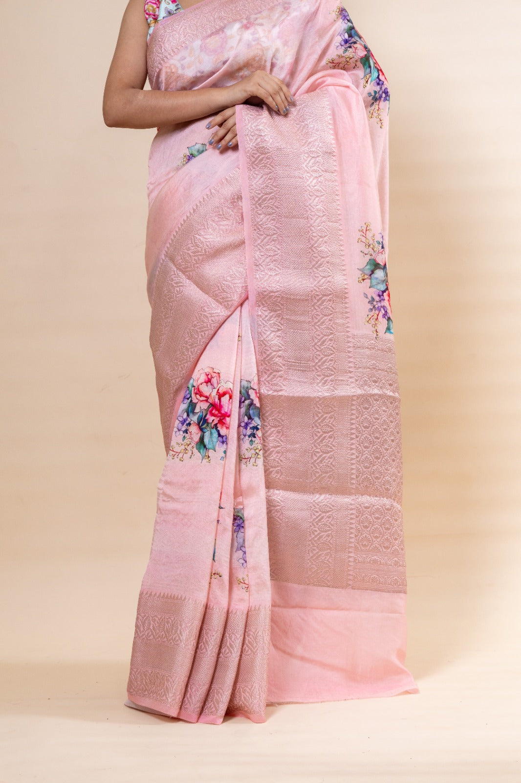 Pink Purna Silk Floral Printed Saree