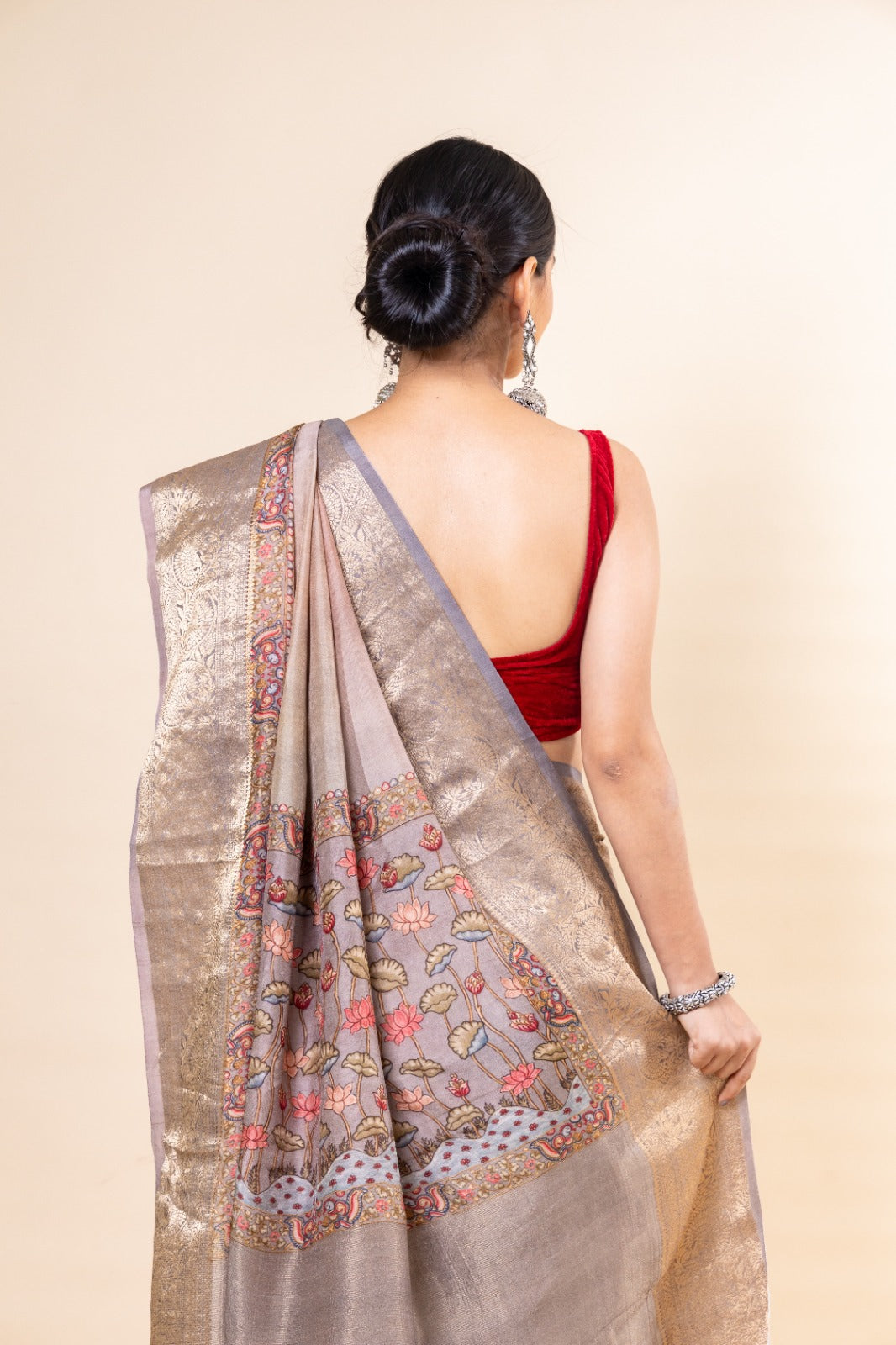 Grey and Pink shaded Russian Silk Saree