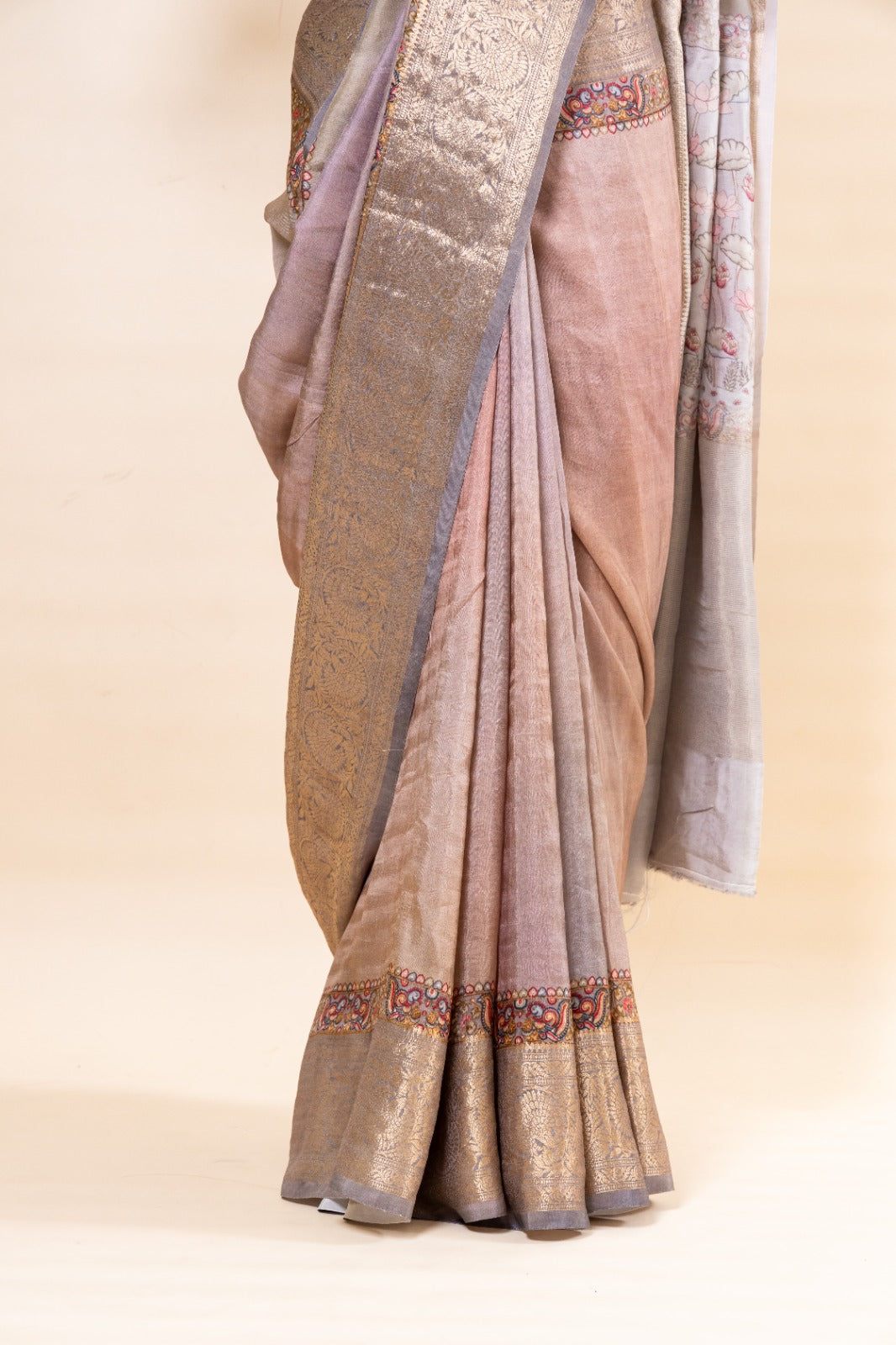 Grey and Pink shaded Russian Silk Saree
