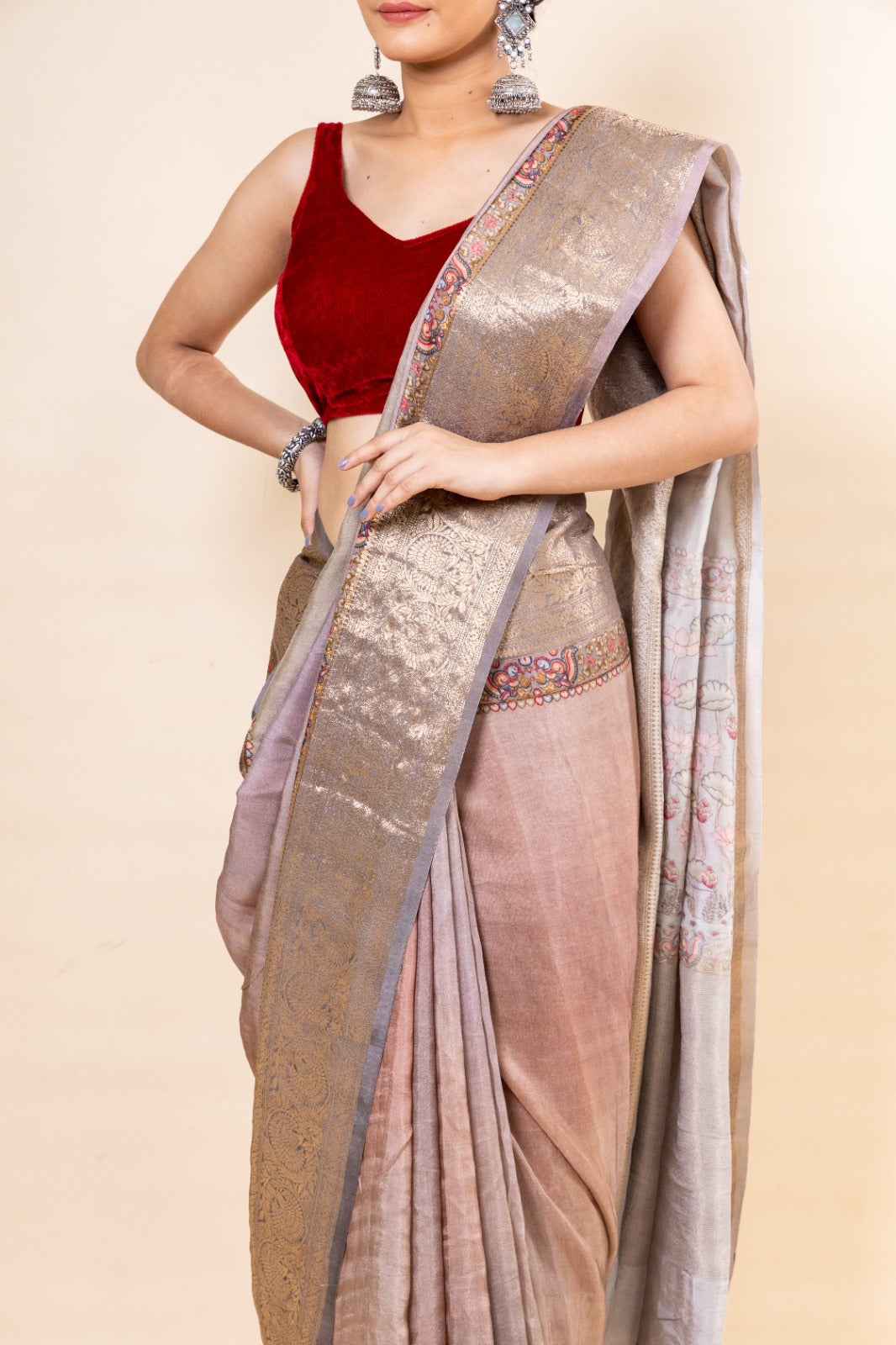 Grey and Pink shaded Russian Silk Saree