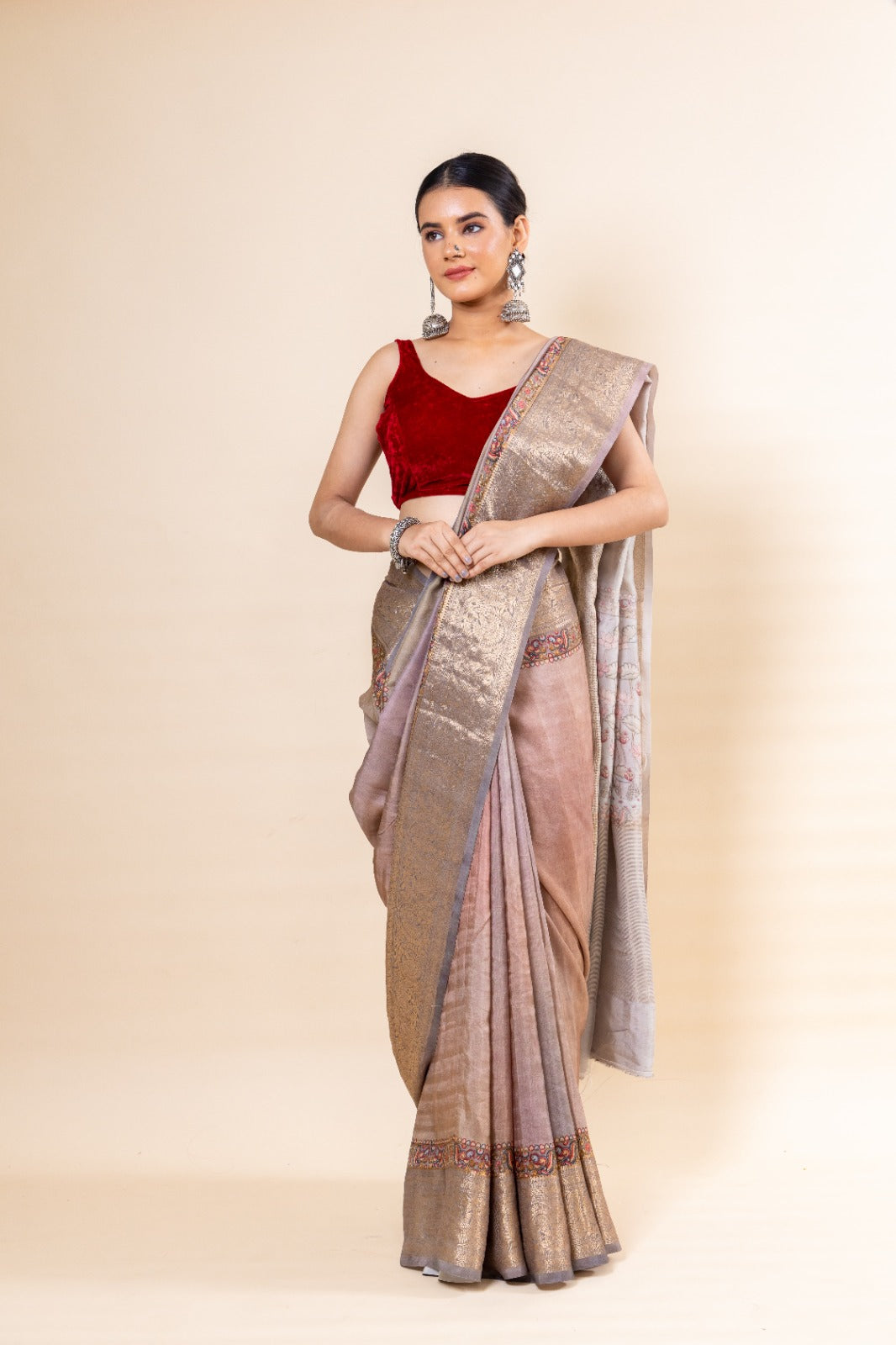 Grey and Pink shaded Russian Silk Saree