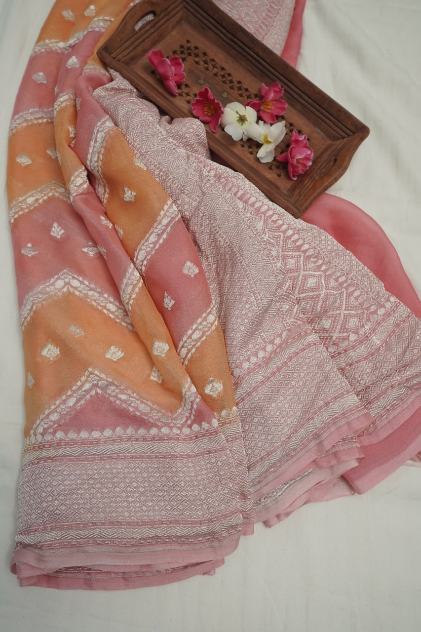Light Pink Peach Khaddi Chiffon Saree with Silver Zari