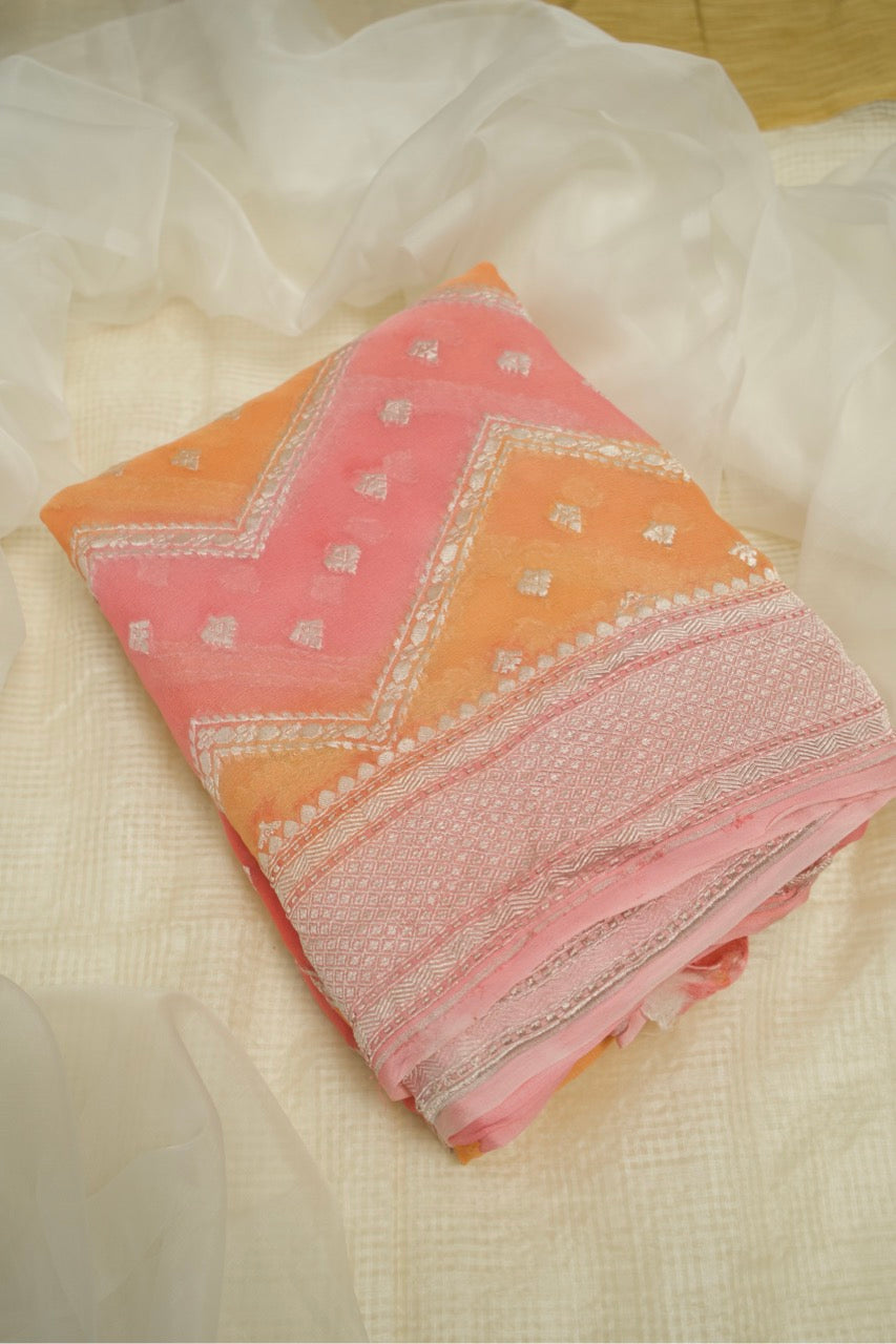 Light Pink Peach Khaddi Chiffon Saree with Silver Zari