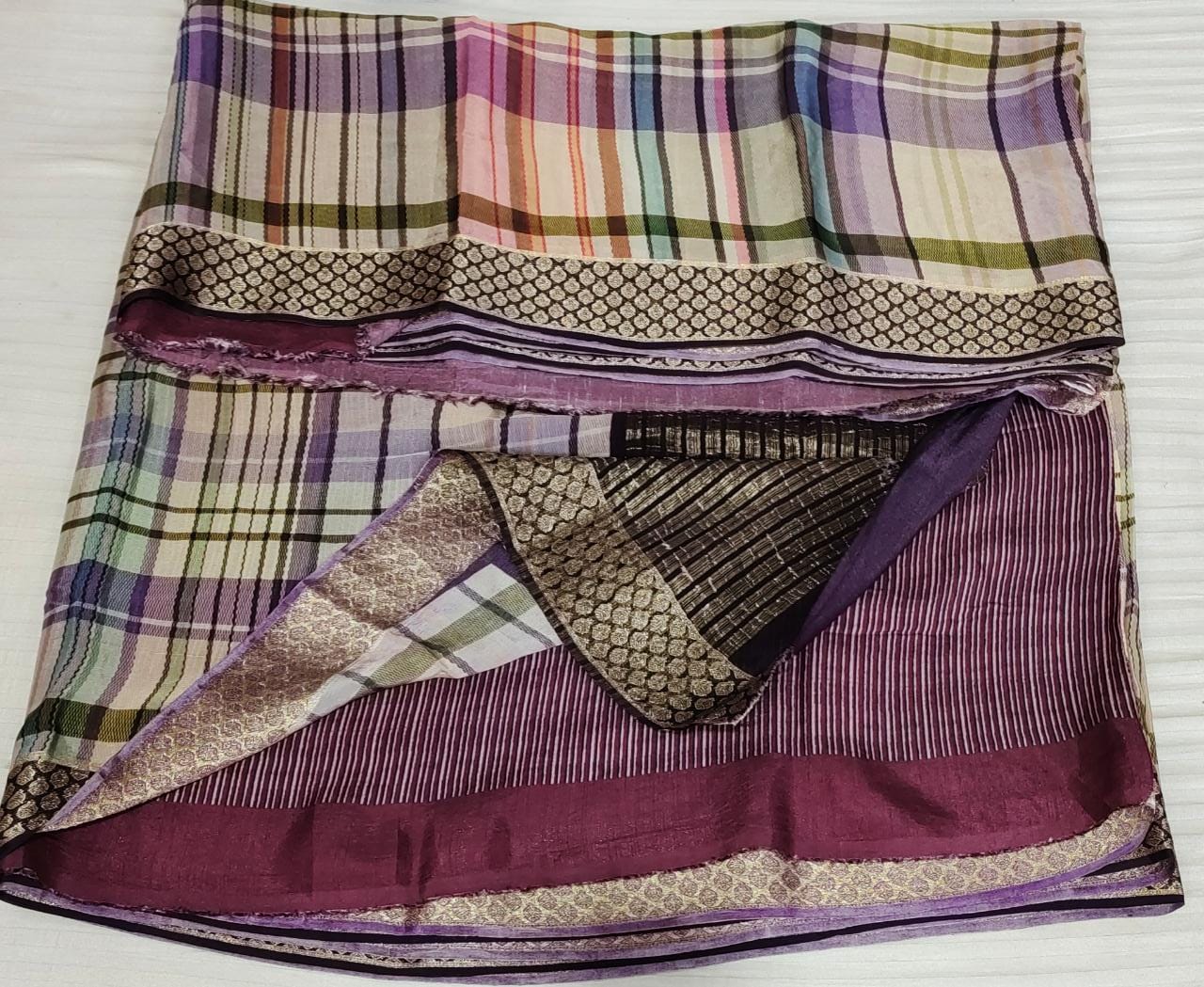 Multicolor Hand-block printed Saree with Zari Border