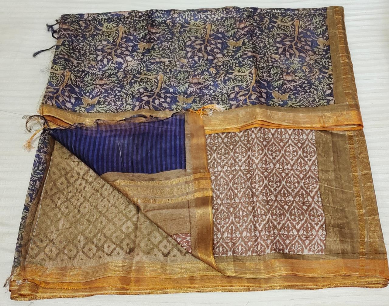 Digitally Printed Navy Blue Munga Silk Saree