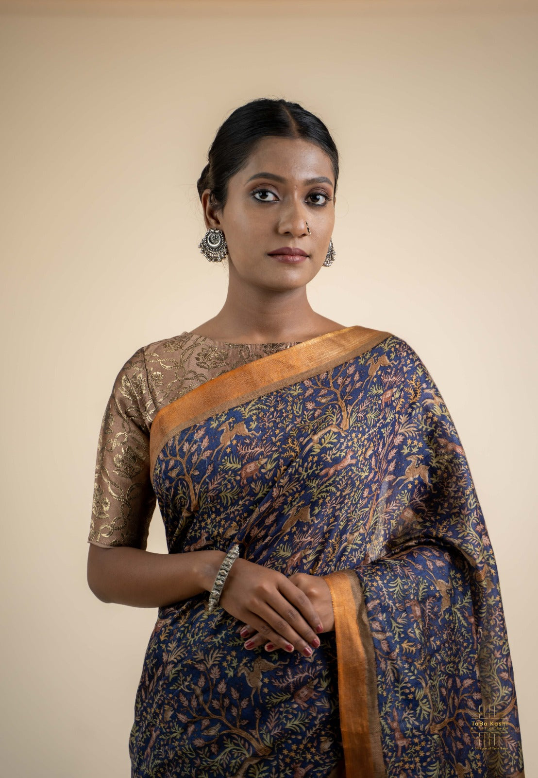 Digitally Printed Navy Blue Munga Silk Saree