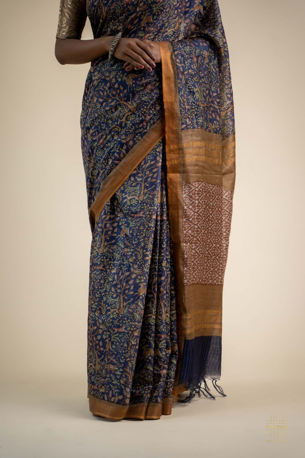 Digitally Printed Navy Blue Munga Silk Saree