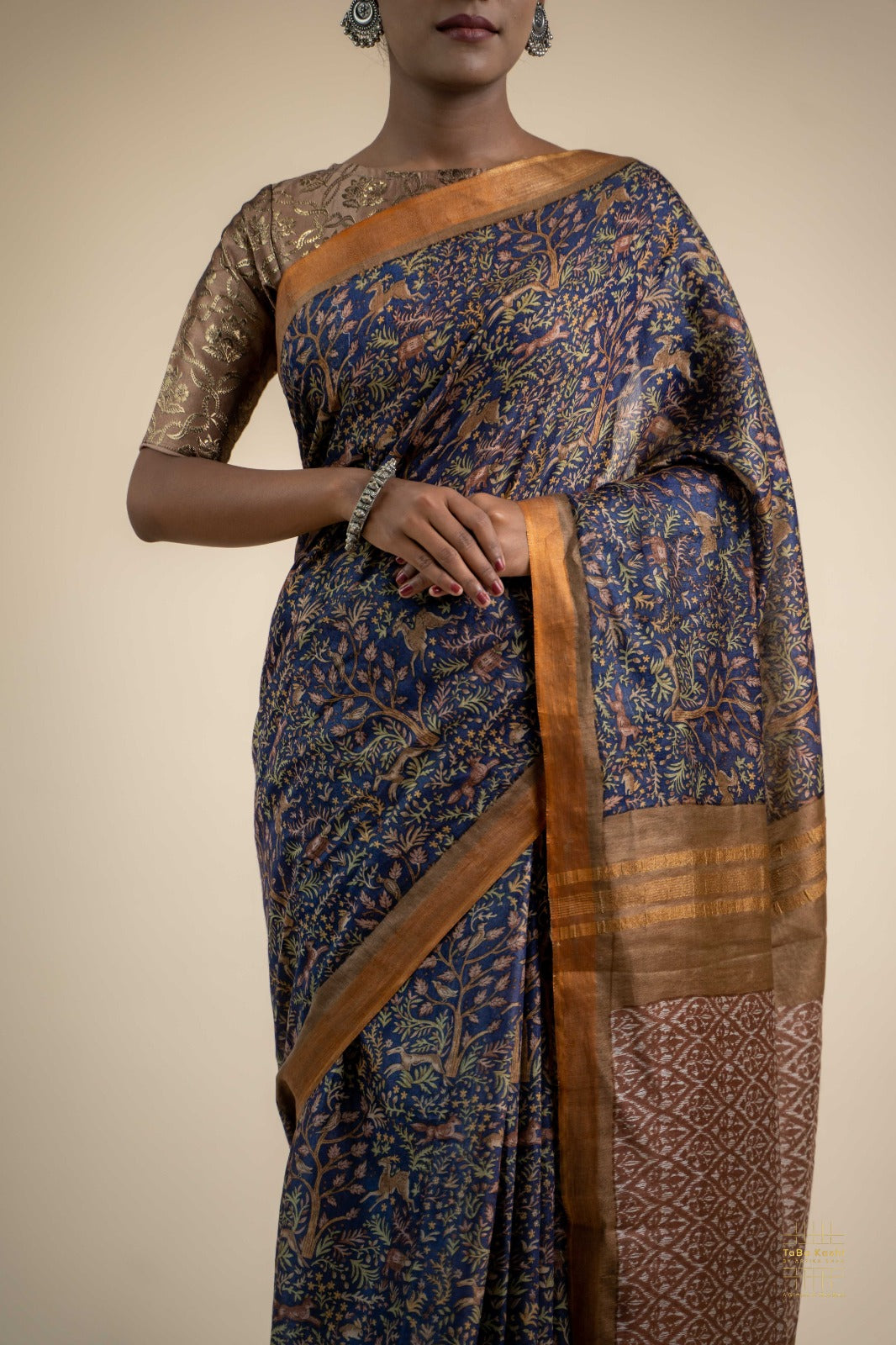 Digitally Printed Navy Blue Munga Silk Saree