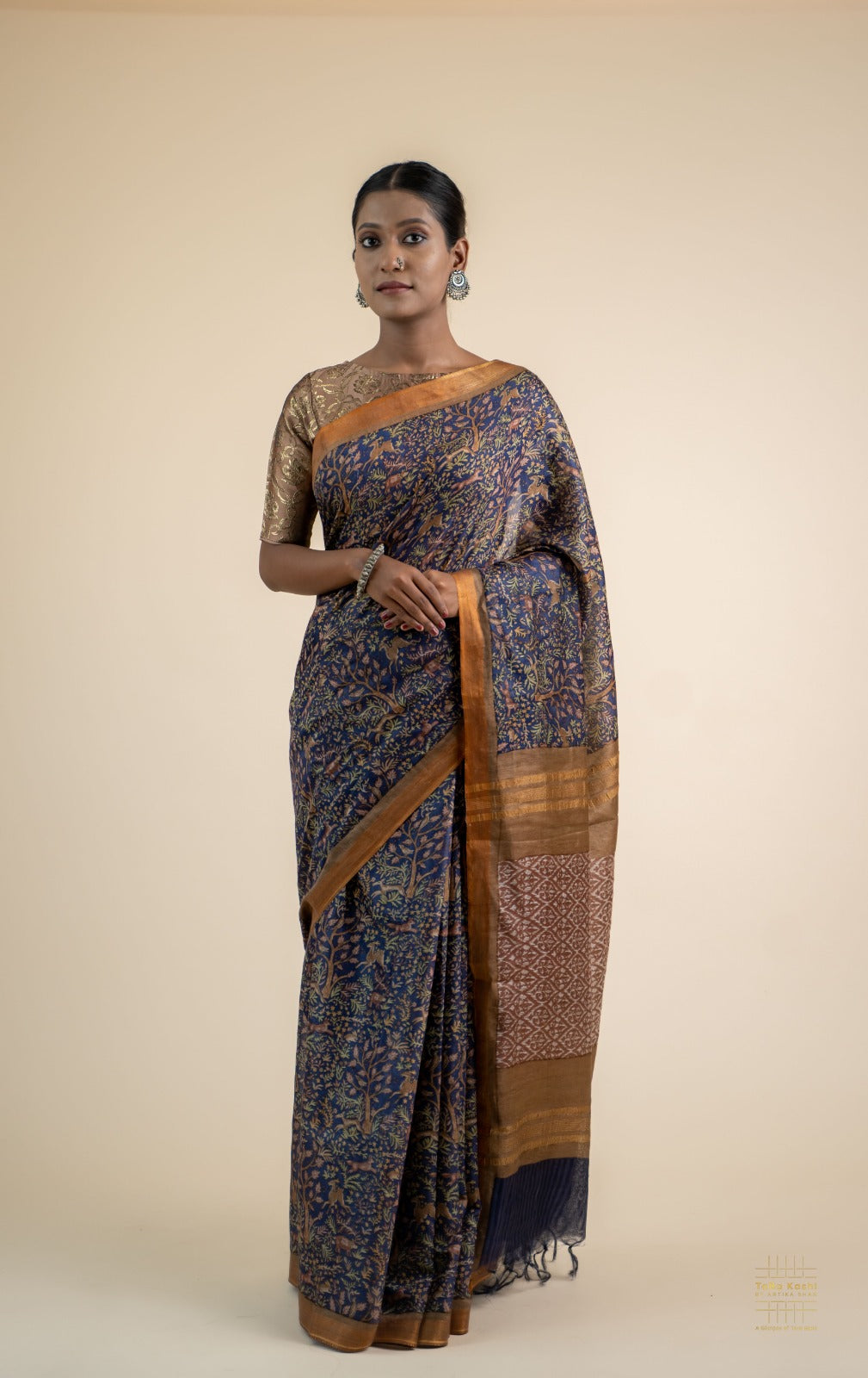 Digitally Printed Navy Blue Munga Silk Saree