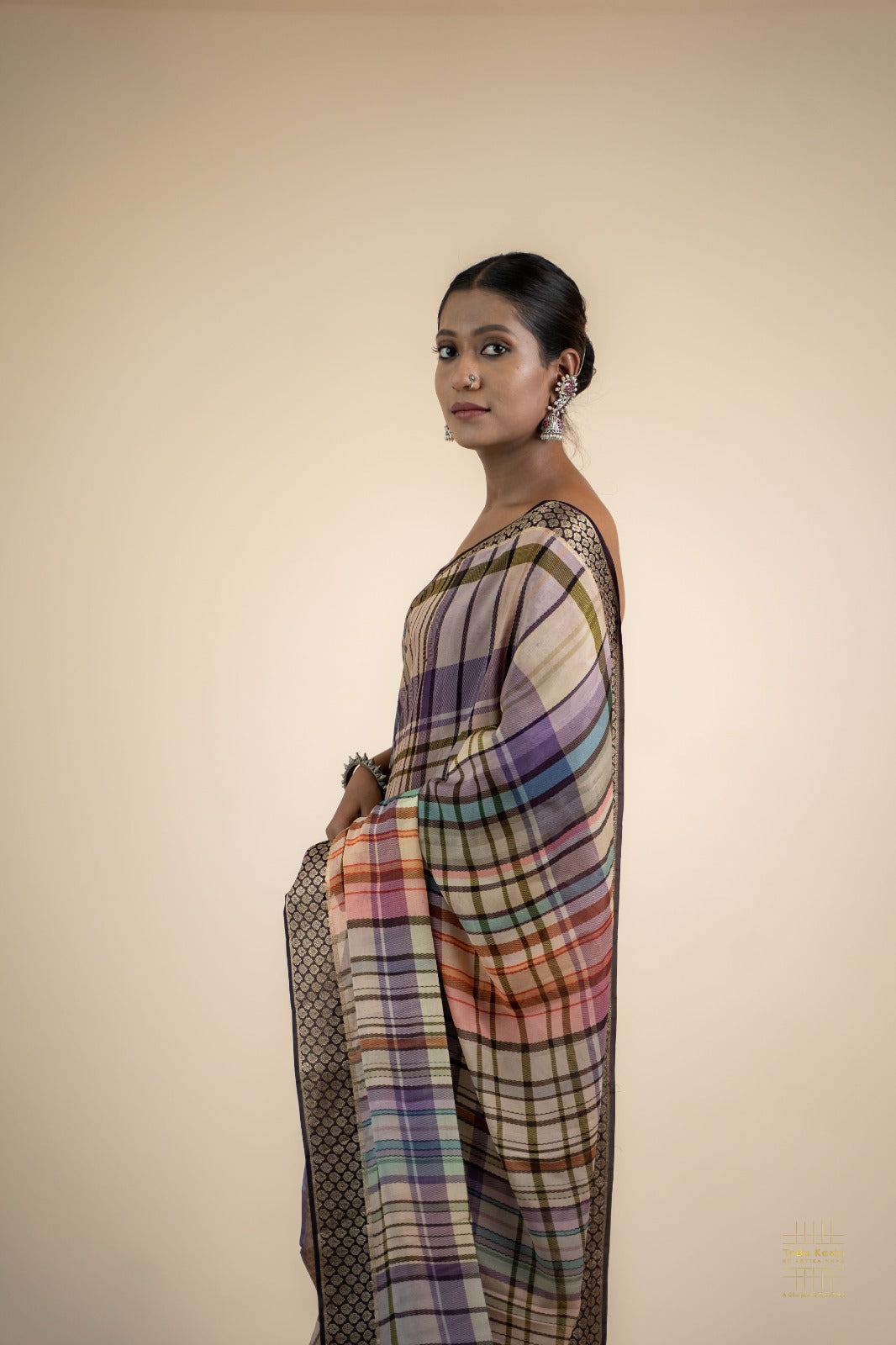Multicolor Hand-block printed Saree with Zari Border