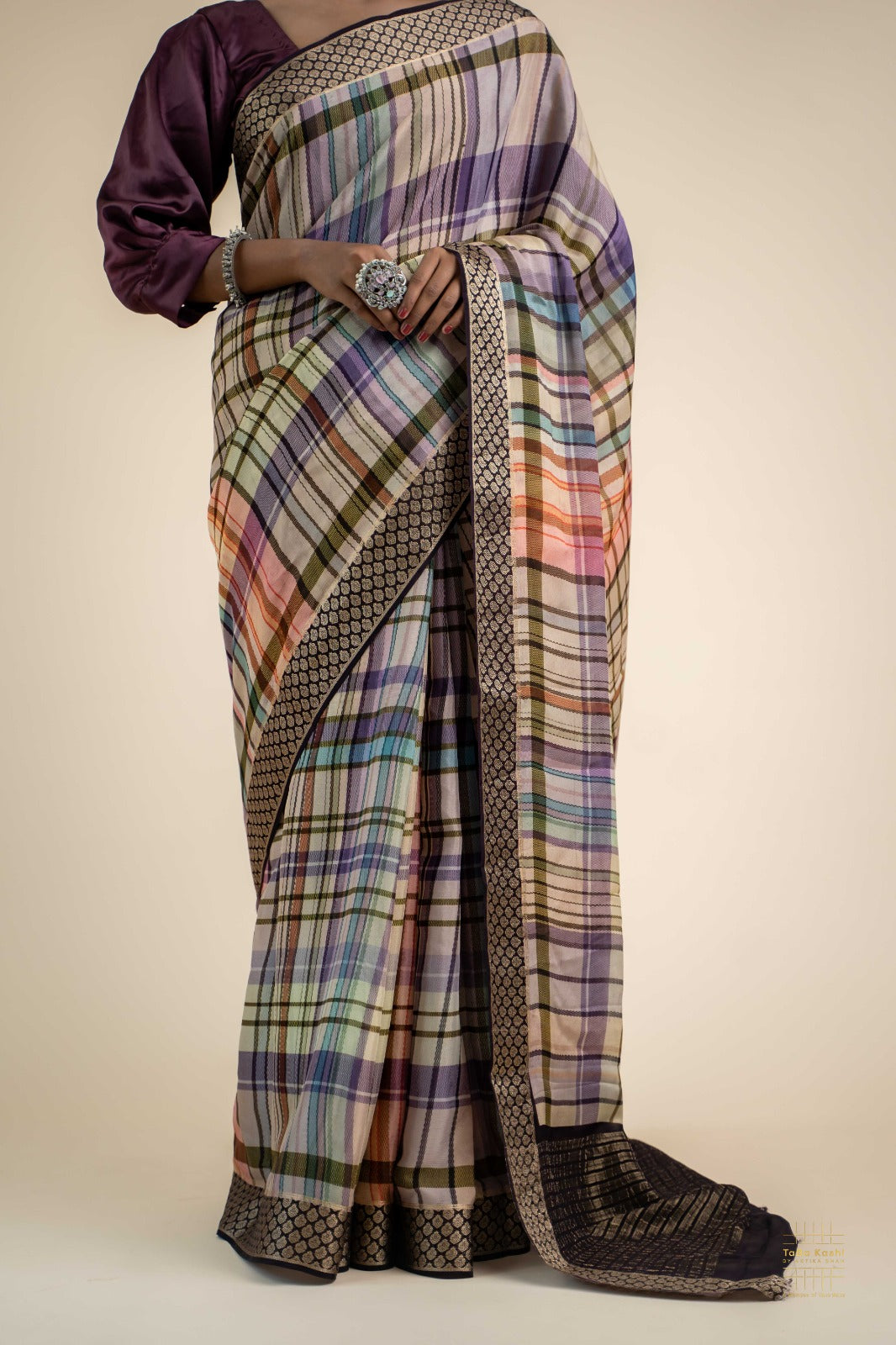Multicolor Hand-block printed Saree with Zari Border