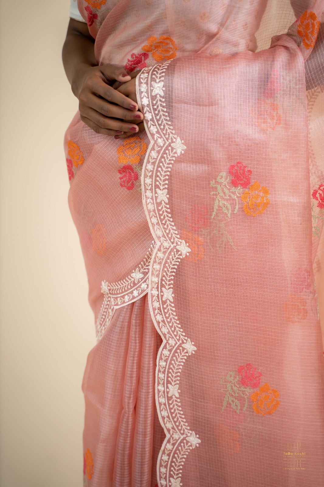 Gajri Pink Kota Silk Scallop Embroidered Saree
