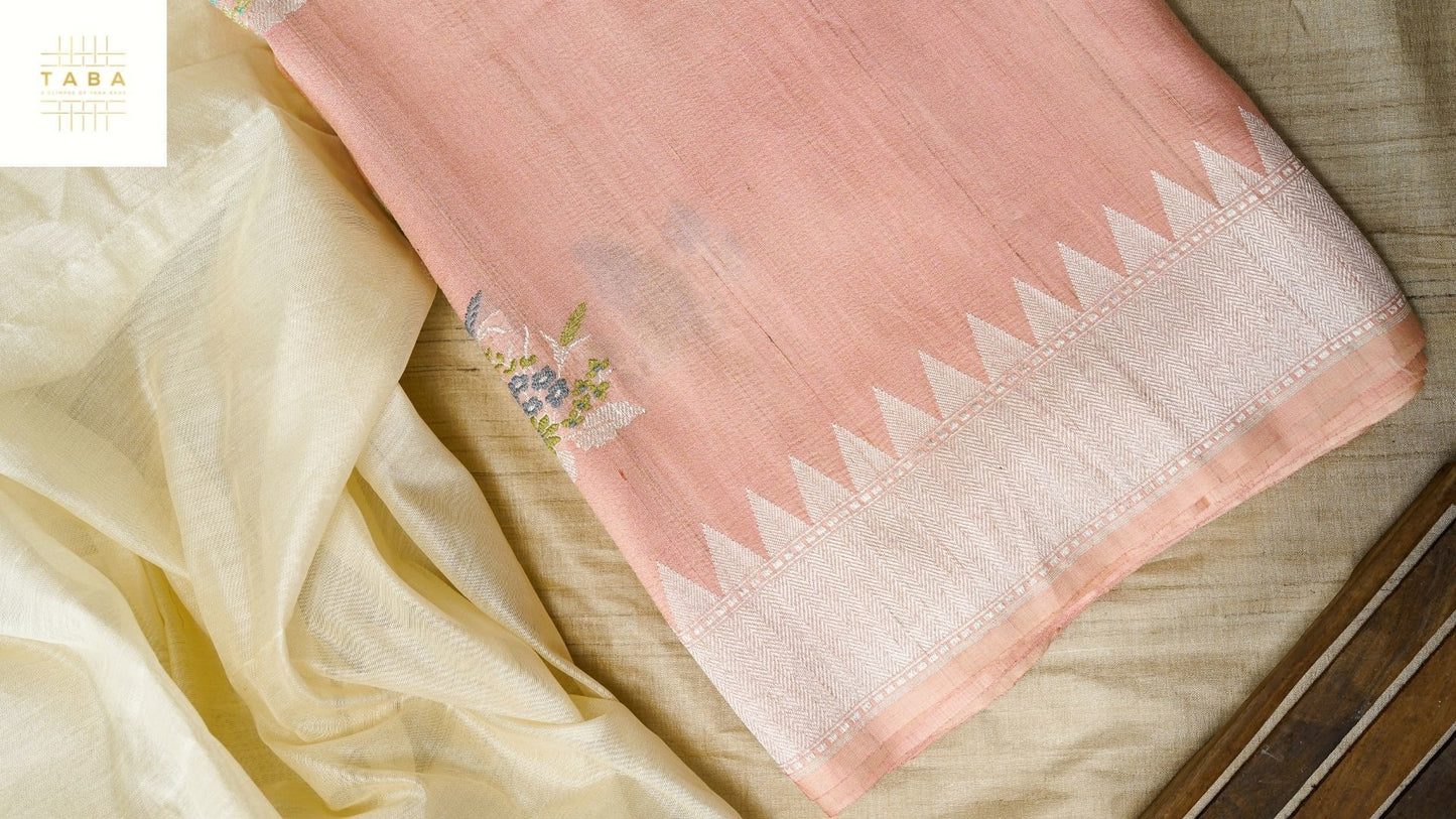 Salmon Pink Tehra Boota Tusser Saree