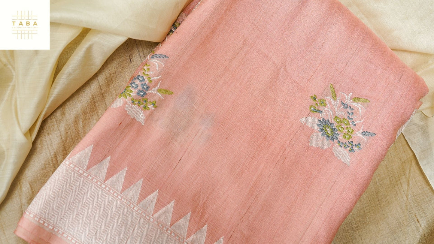 Salmon Pink Tehra Boota Tusser Saree