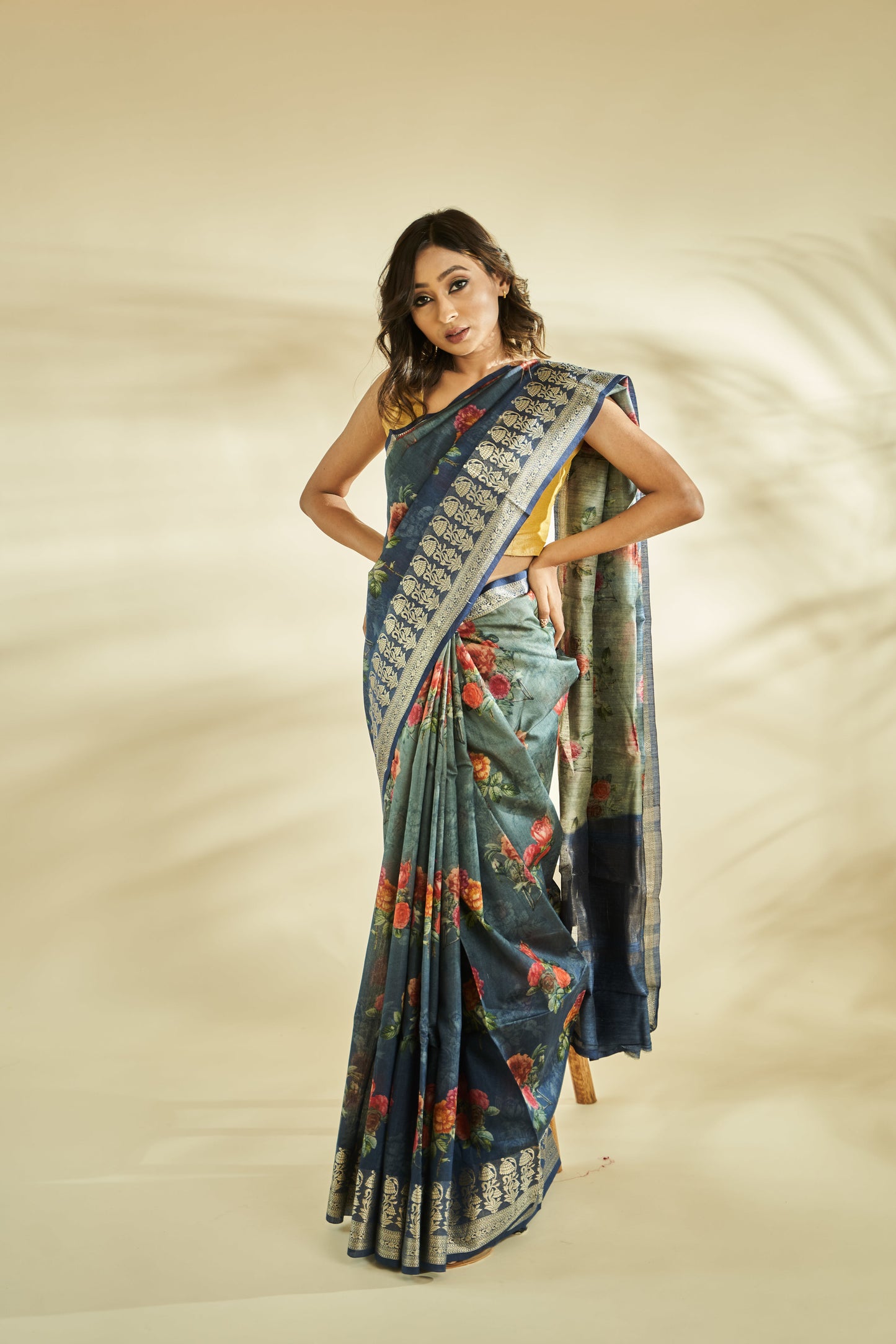 pure munga digital print floral saree with zari border, handwoven in banaras.