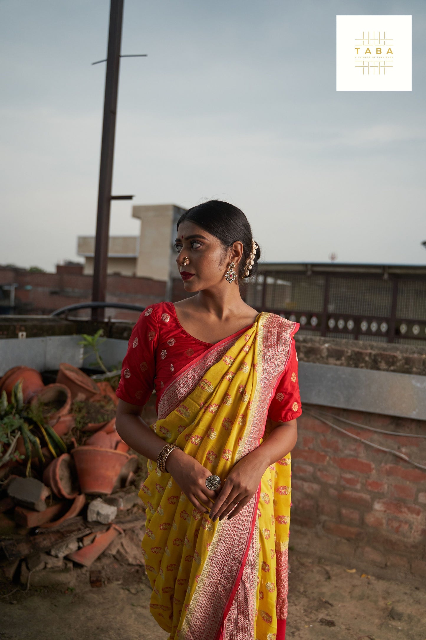 Bright Yellow Red Border Meenadar Buta Fekua Saree