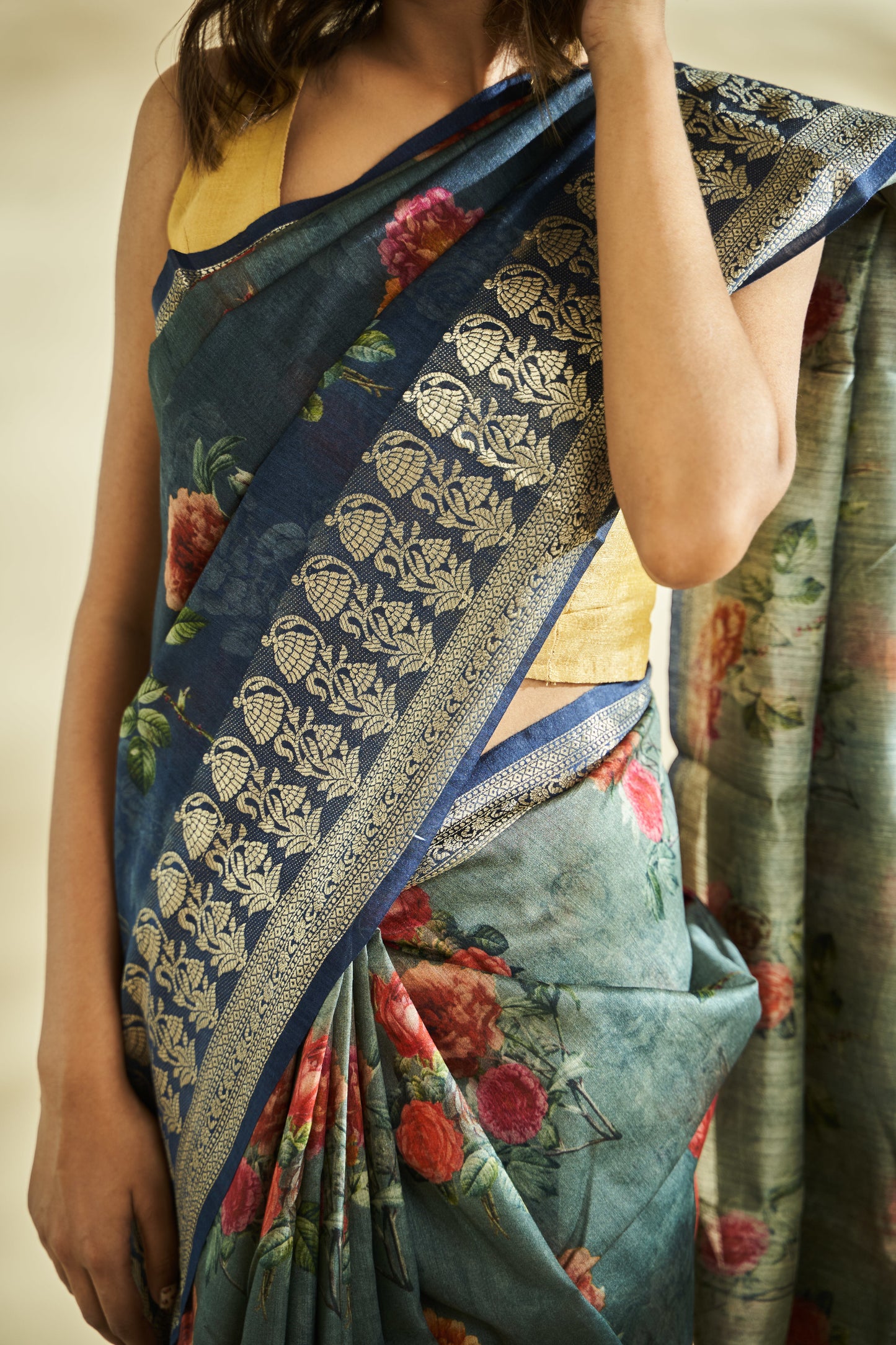pure munga digital print floral saree with zari border, handwoven in banaras.
