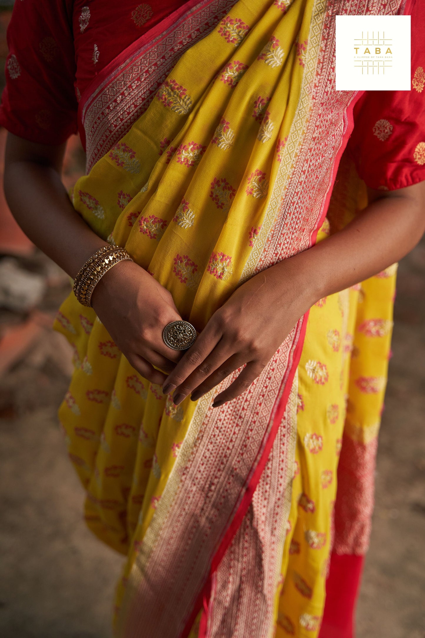 Bright Yellow Red Border Meenadar Buta Fekua Saree