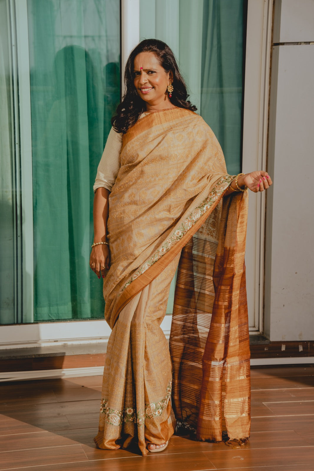 Beige Brown Pure Tusser Saree