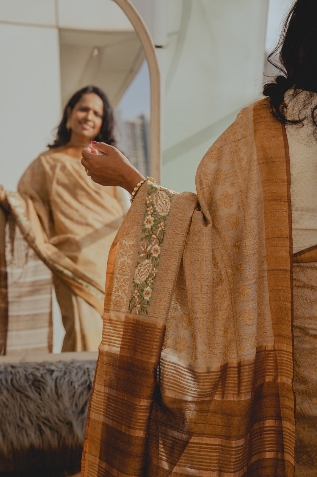 Beige Brown Pure Tusser Saree 1