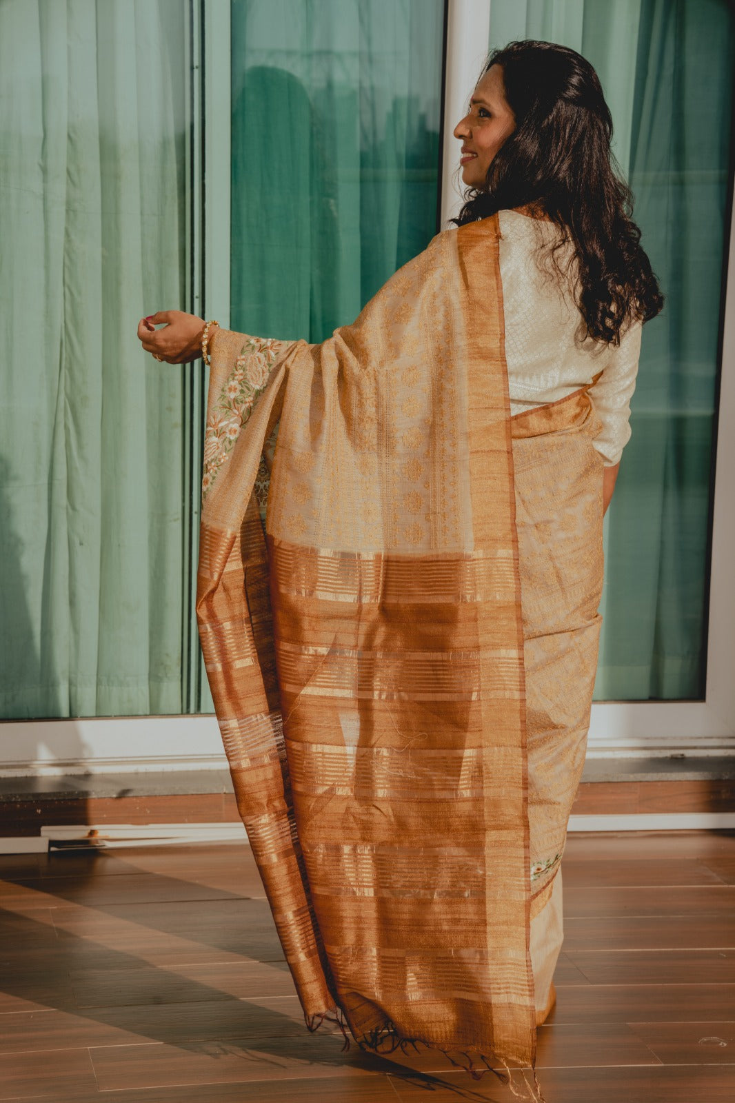 Beige Brown Pure Tusser Saree 3