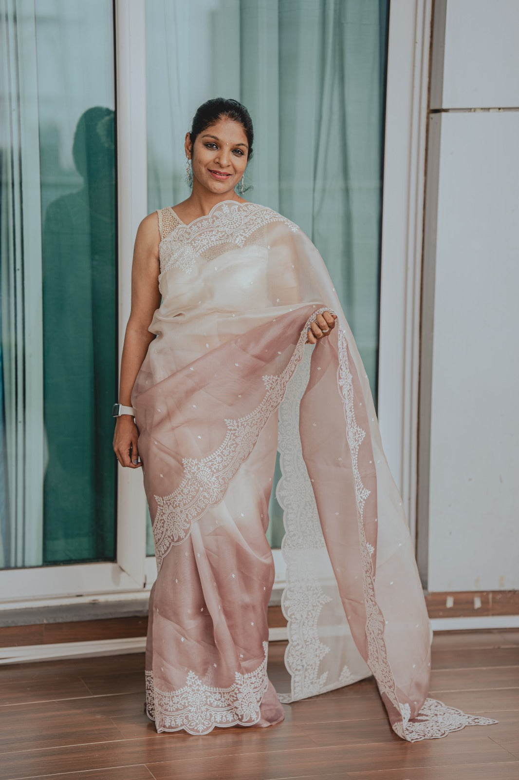 Beige Plain Organza Saree