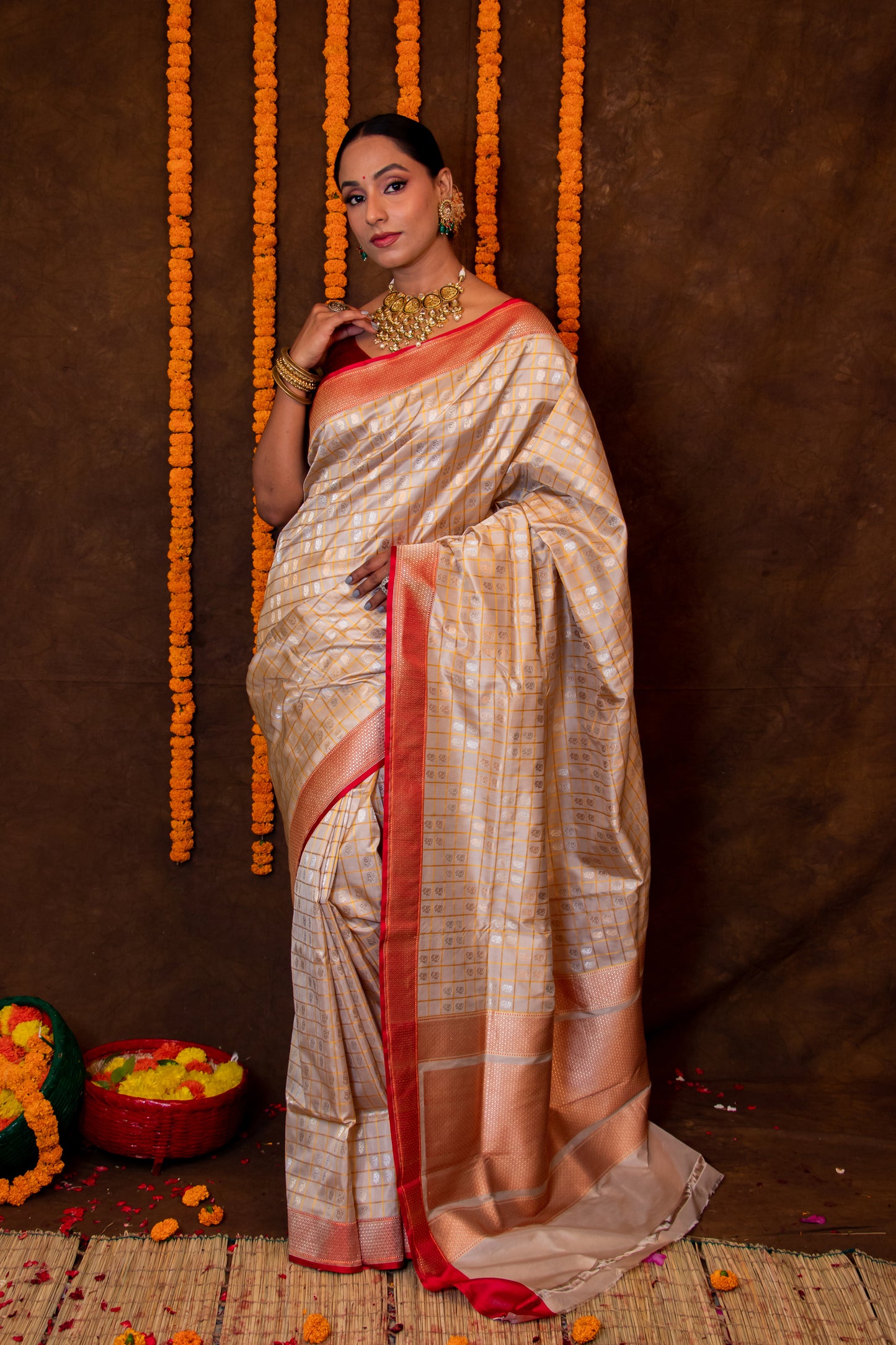 Cream Pure Katan Silk Saree