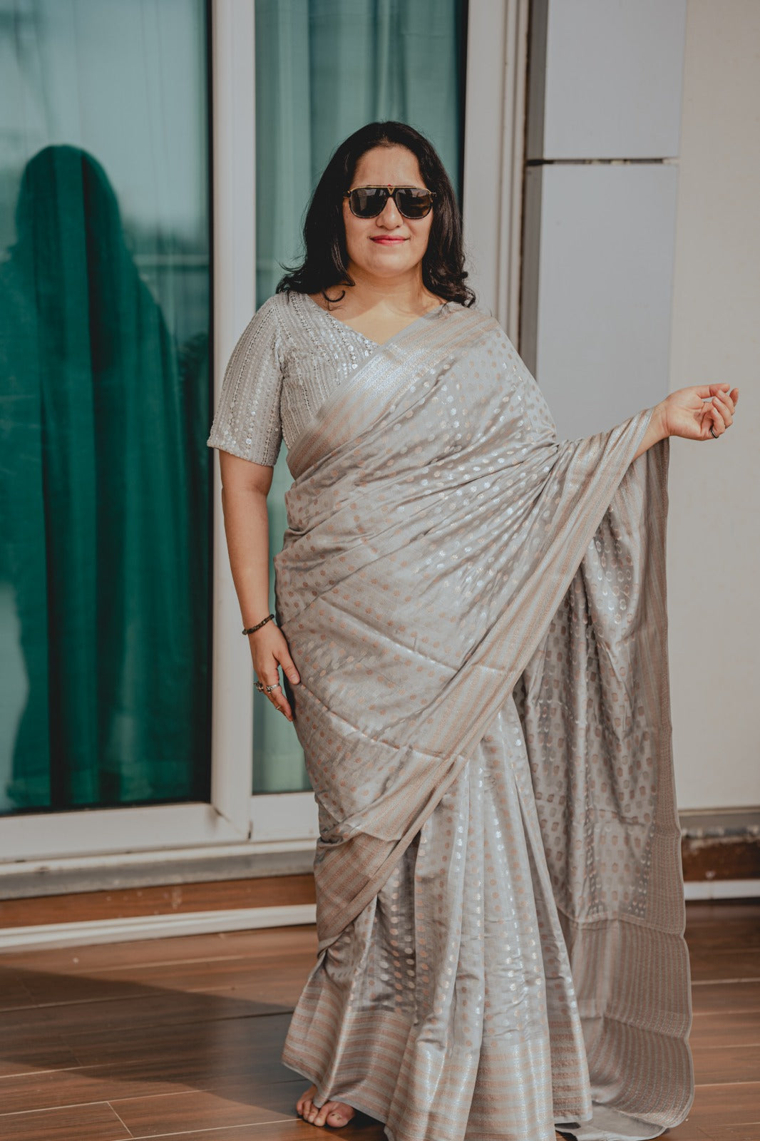 Grey Chiniya Silk Saree