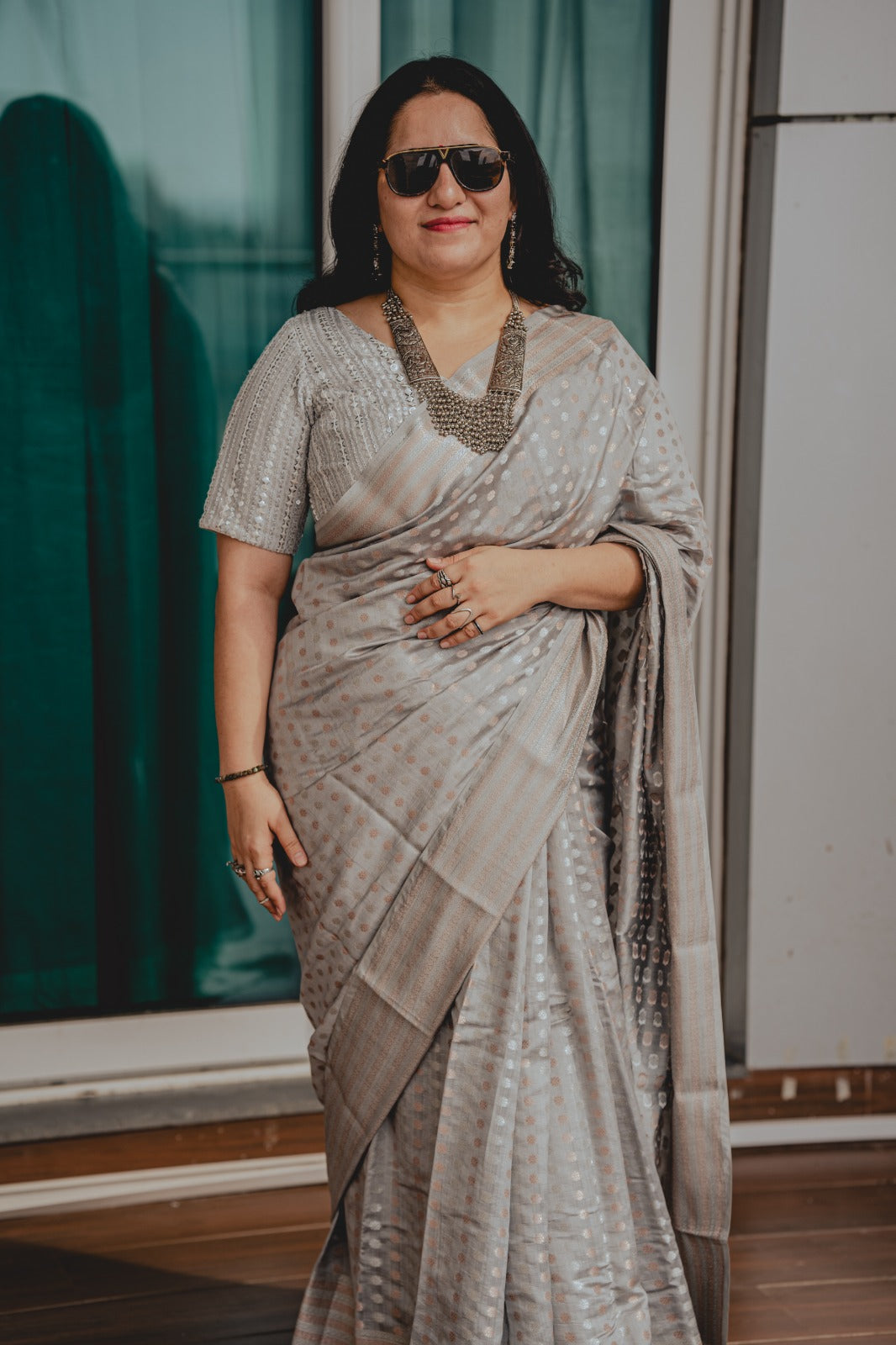 Grey Chiniya Silk Saree 1