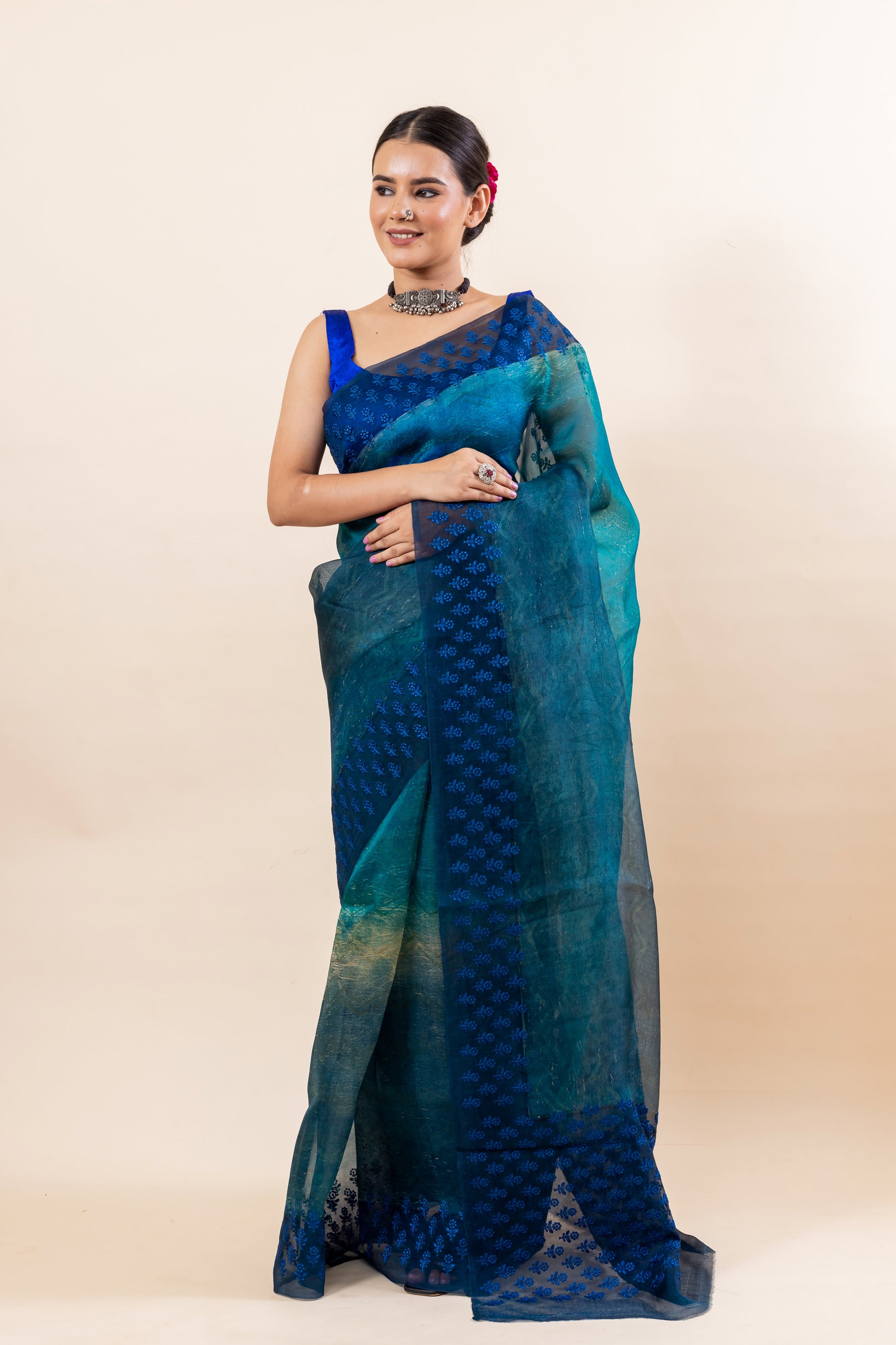 Shaded Turquoise Kora Silk Saree