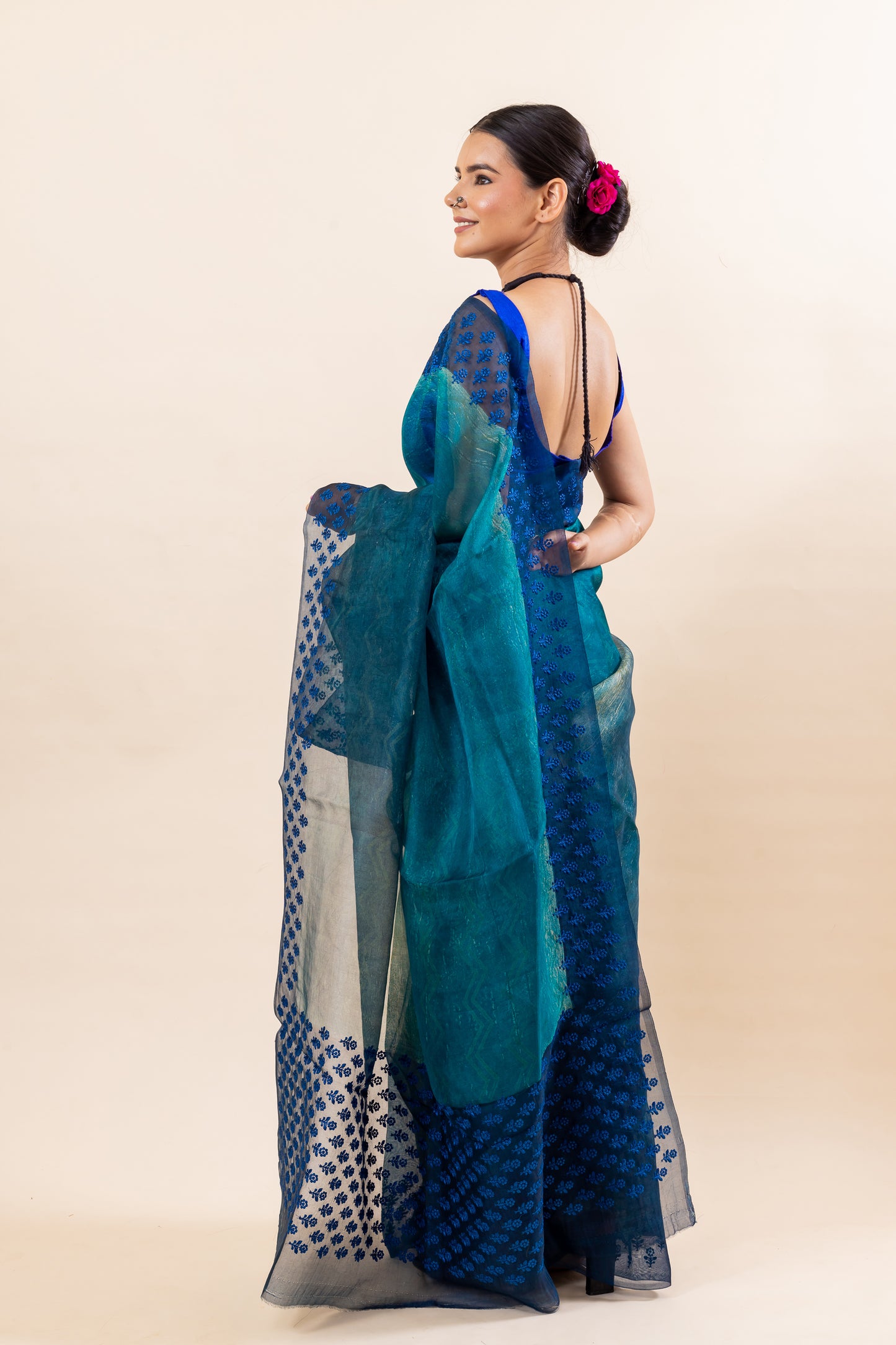 Shaded Turquoise Kora Silk Saree 1