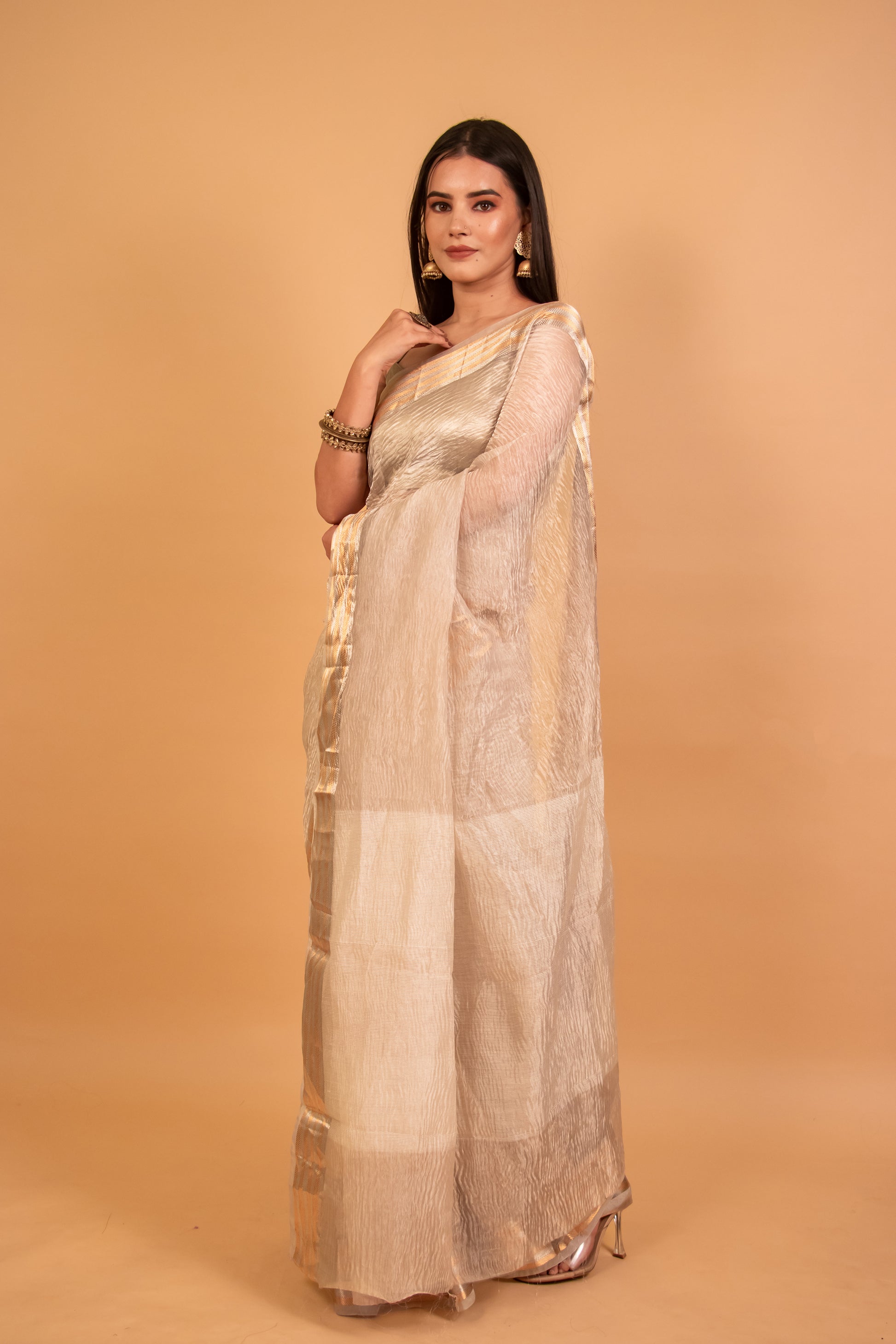 Silver Zari Tissue Crush Saree 1