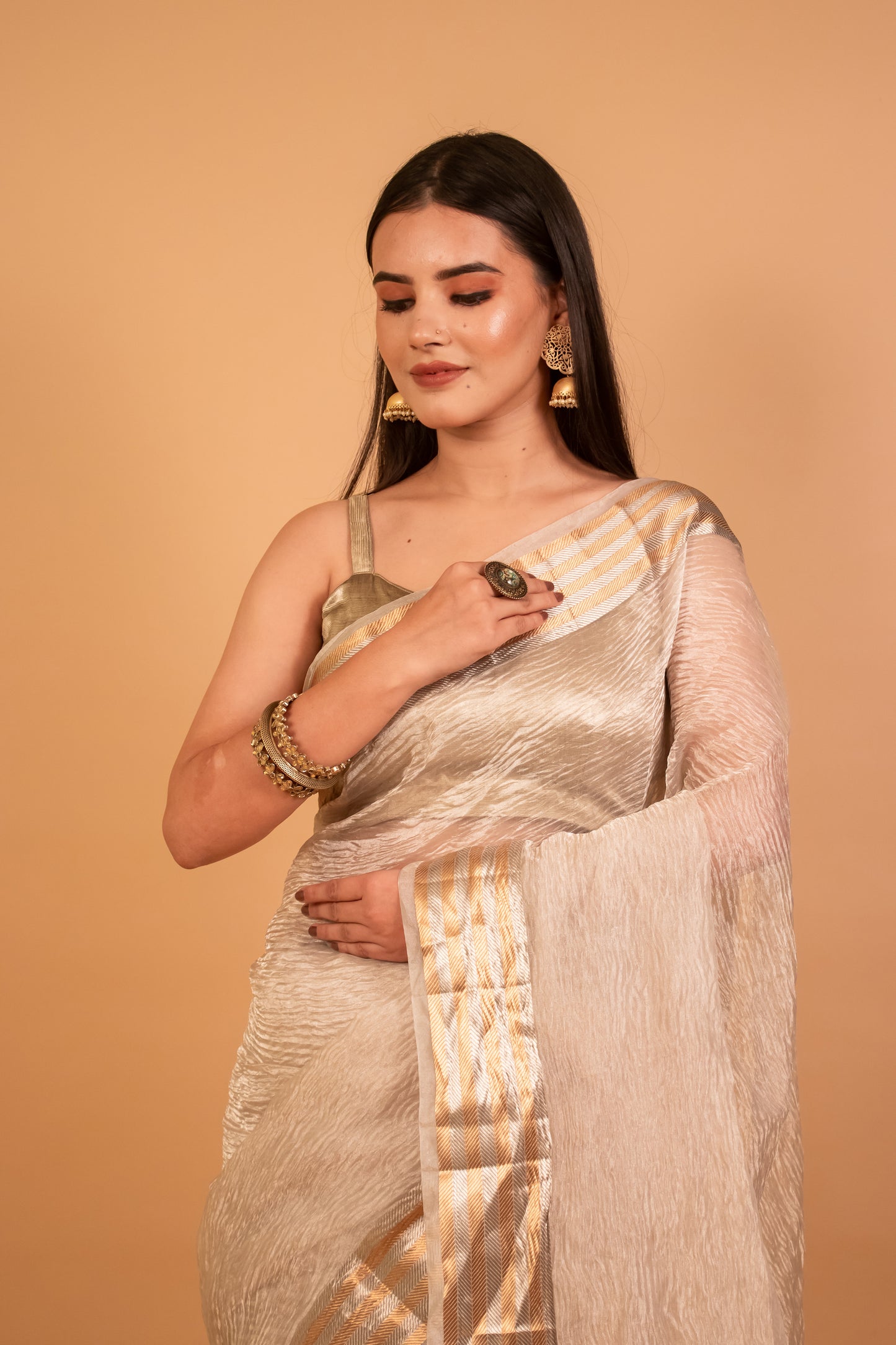 Silver Zari Tissue Crush Saree 2