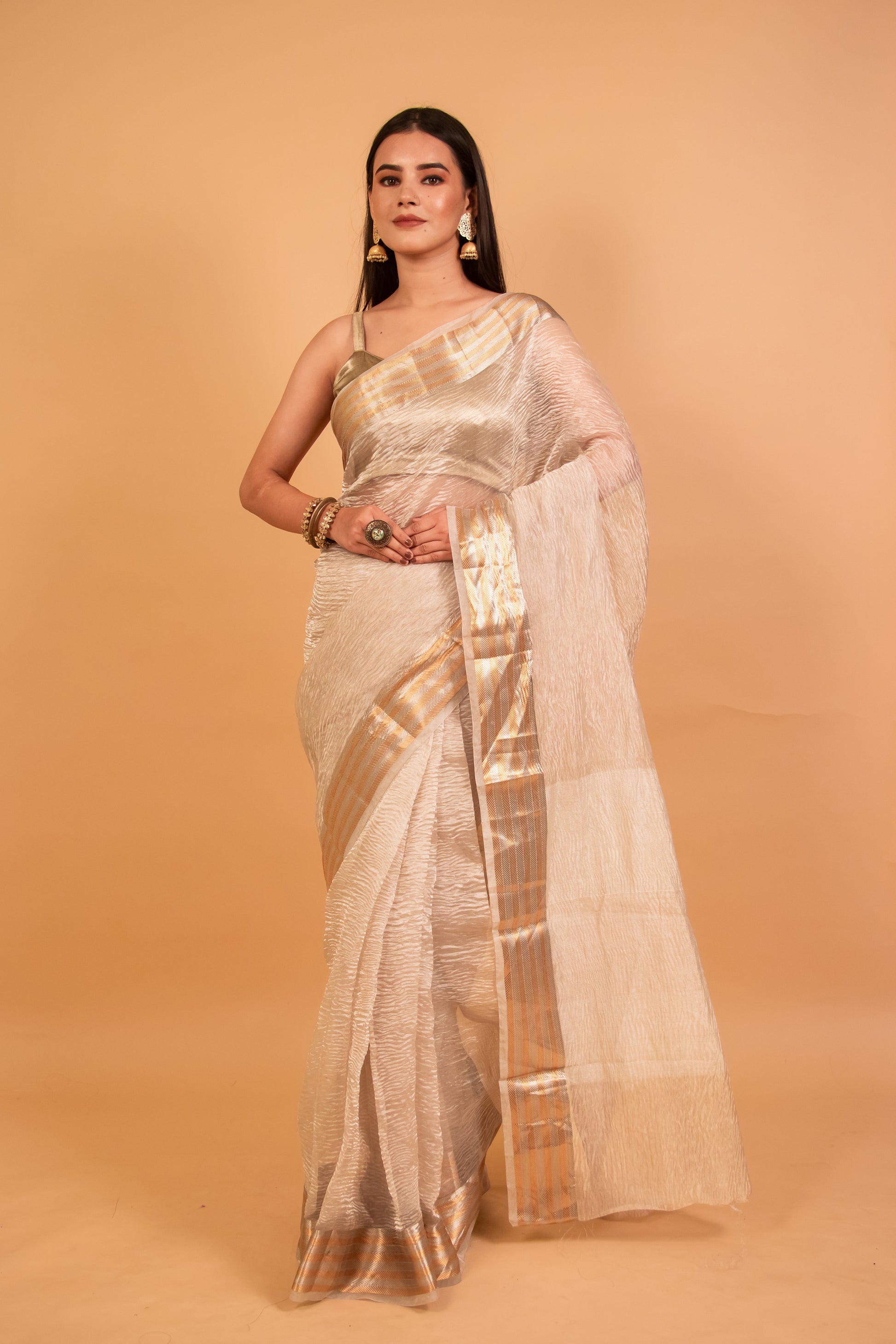 Silver Zari Tissue Crush Saree 3