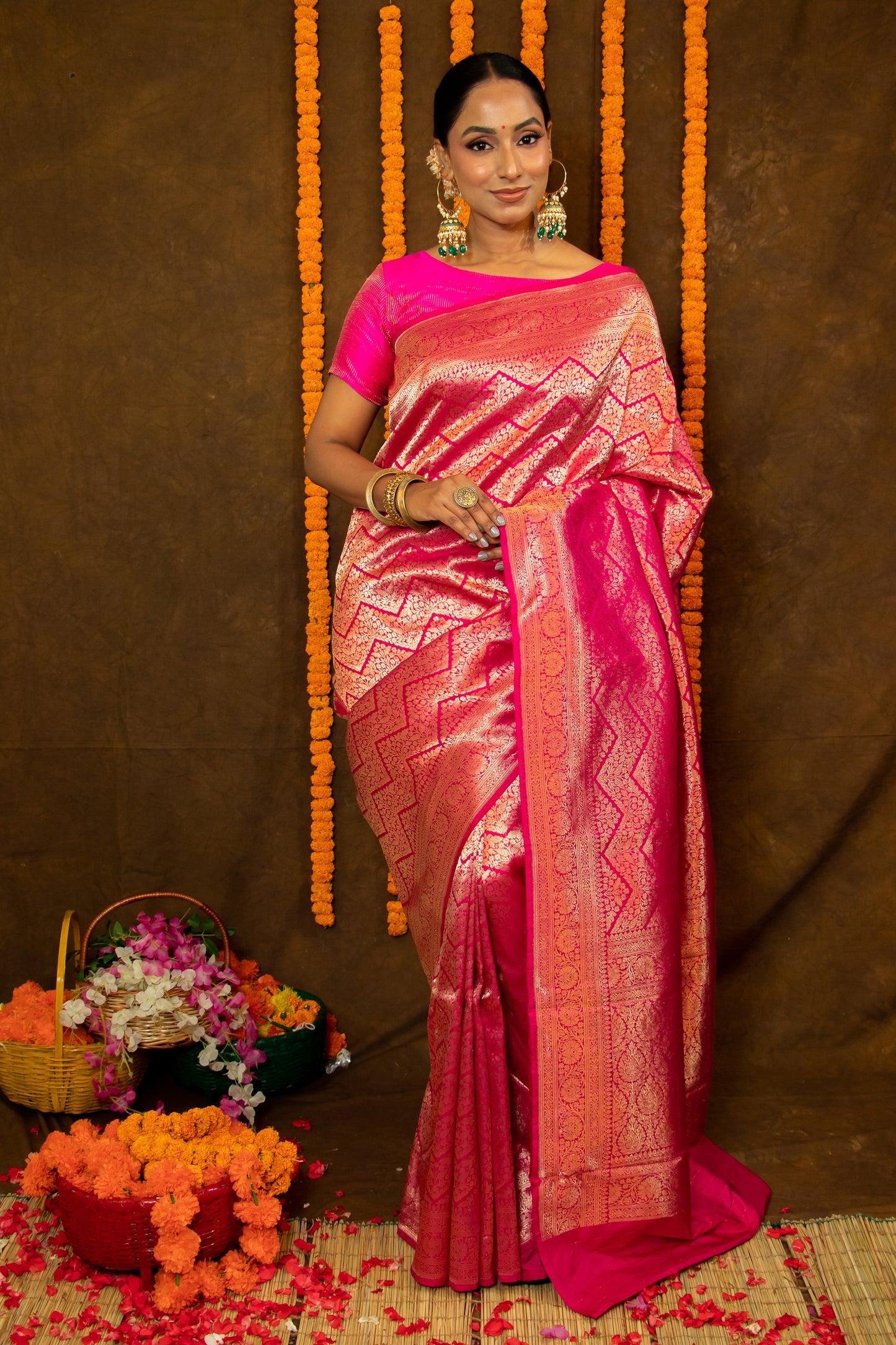 Rani Pink Katan Silk Emboss Saree