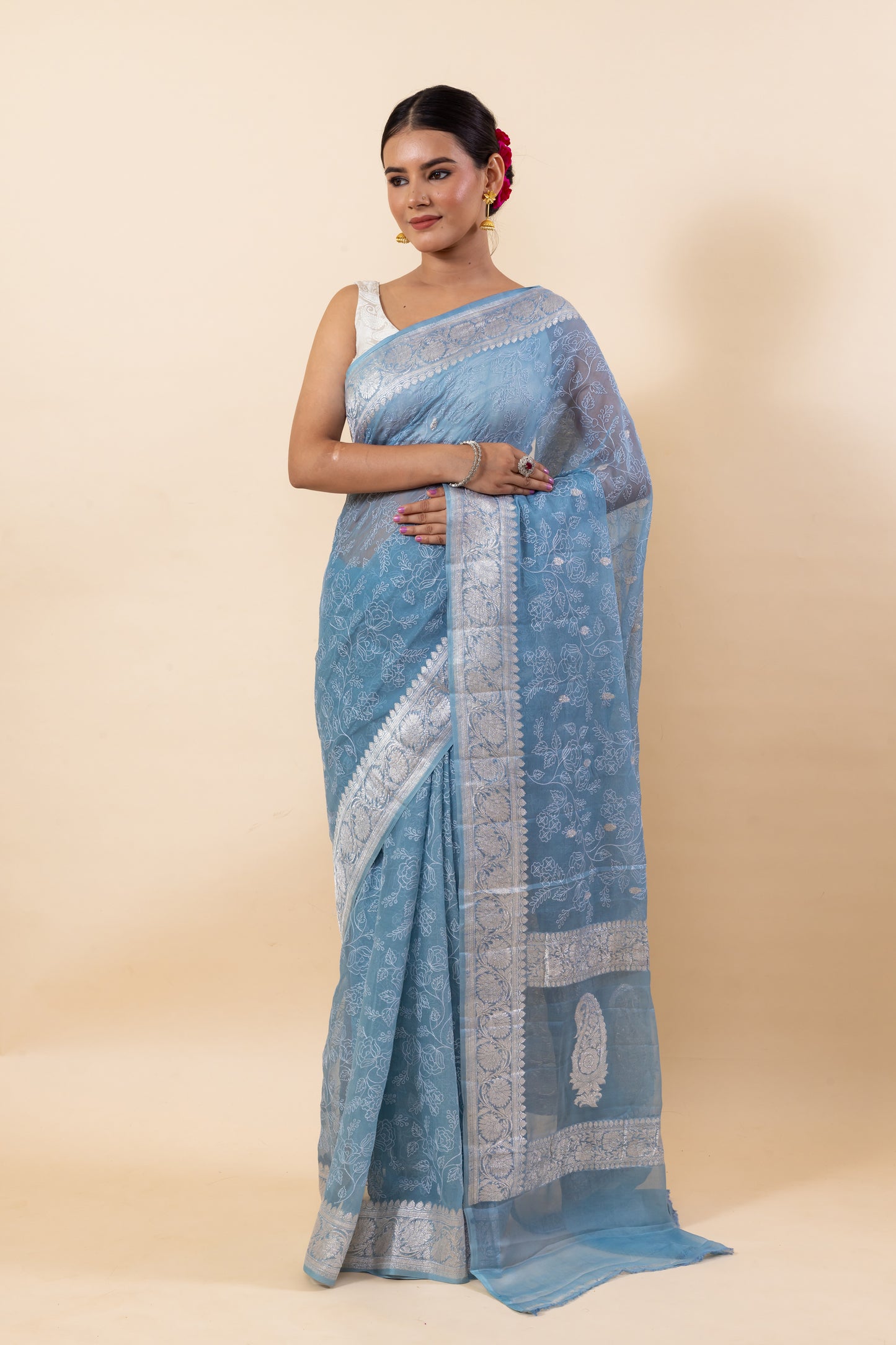 Bluish Grey Chiffon Saree