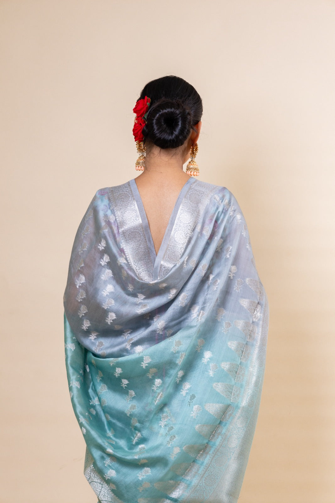 Grey and Blue Pure Chiniya Silk Saree