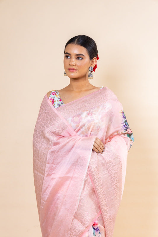 Pink Purna Silk Floral Printed Saree