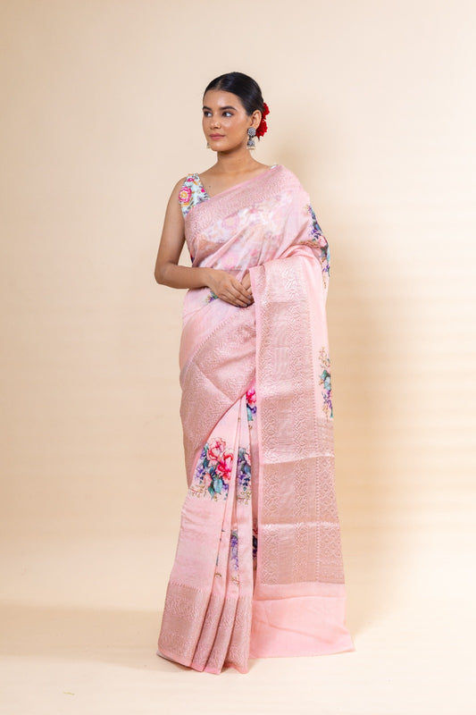 Pink Purna Silk Floral Printed Saree