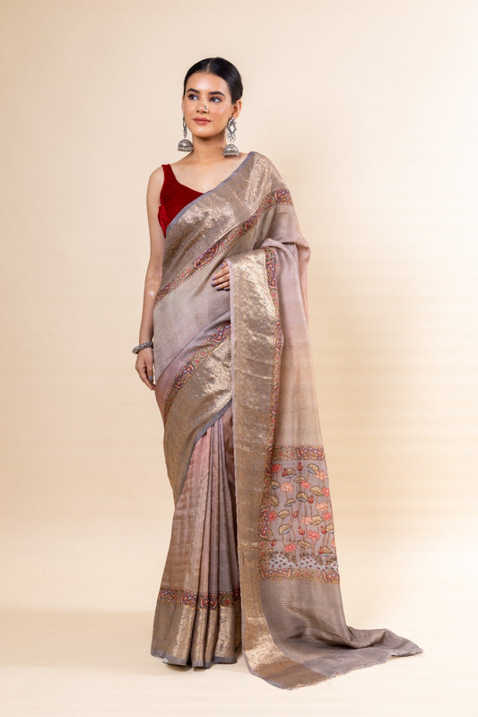 Grey and Pink shaded Russian Silk Saree