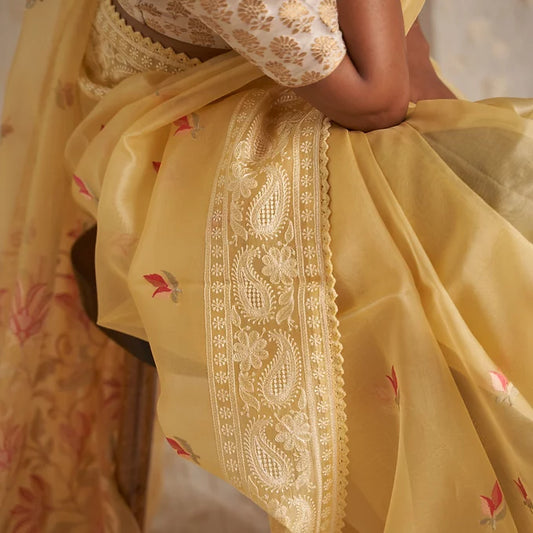 Yellow Multi - Colour Buti Kora Embroidery Saree