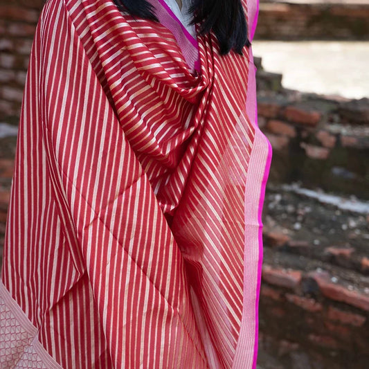 Red, Katan-Georgette Ada Handloom Dupatta