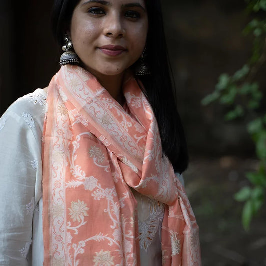 Pastel Orange, Cotton Alfi Jaal Dupatta