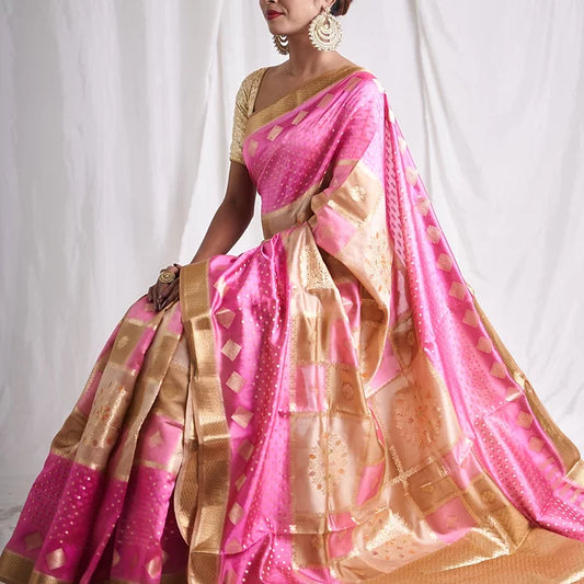 Pink Gold Zari Pure Chiniya Kalamkari Saree