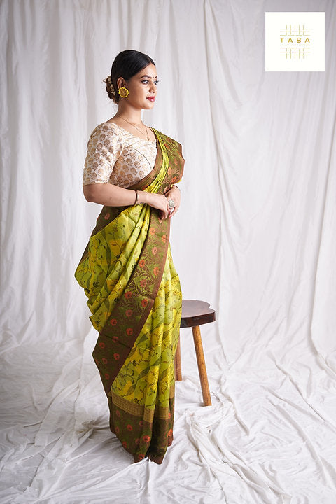 Mehendi Green Resham Thread Pure Chiniya Silk Saree