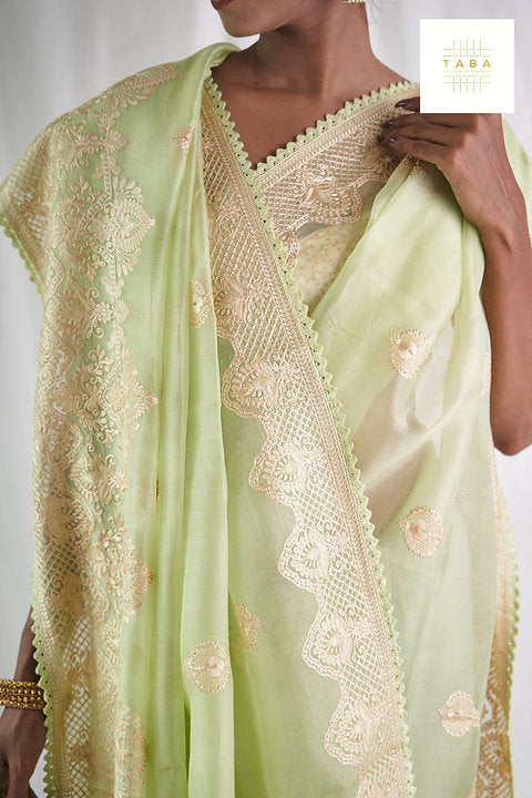 Light Green Machine Embroidery Pure Kora Saree