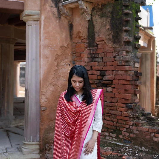 Red, Katan-Georgette Ada Handloom Dupatta