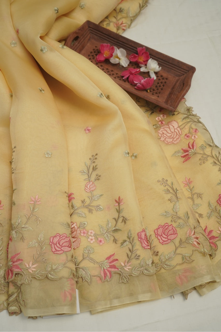 Yellow Kora Embroidered Saree